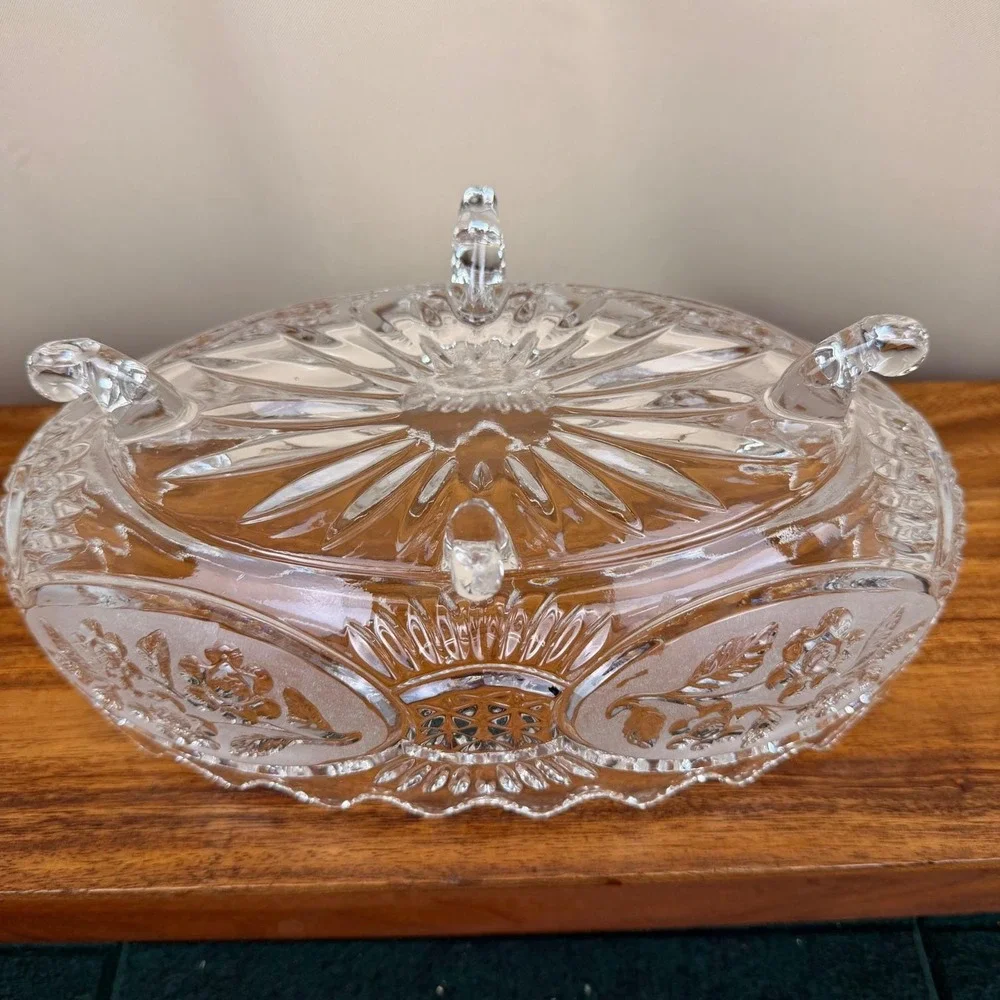 Crystal Clear Industries Flora Yugoslavia Oval Footed Bowl Frosted Rose Crystal